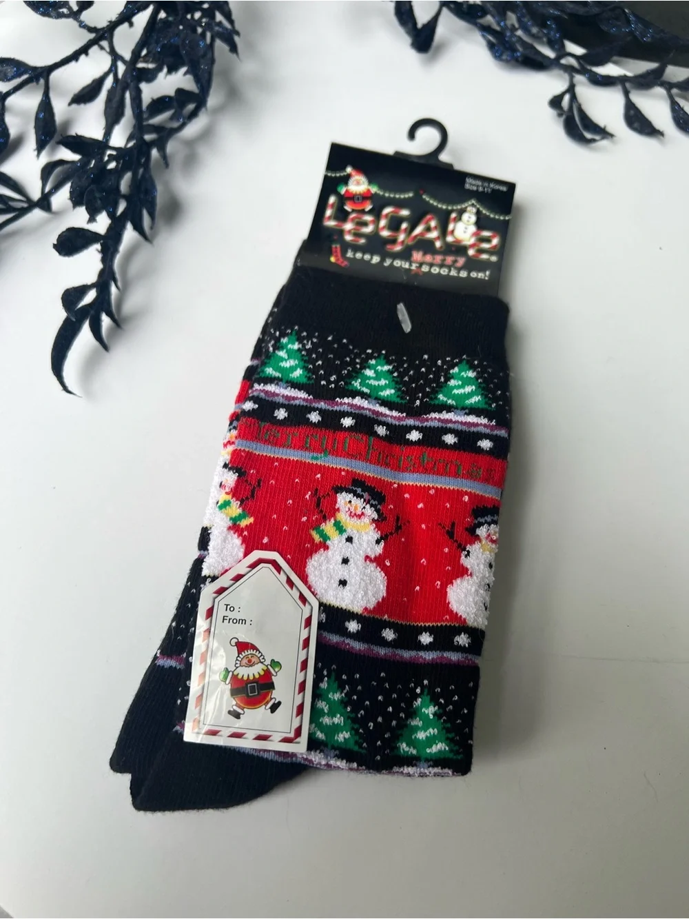 Holiday Snowman Christmas Socks - Black, Green, & Red Tree Snow Holiday